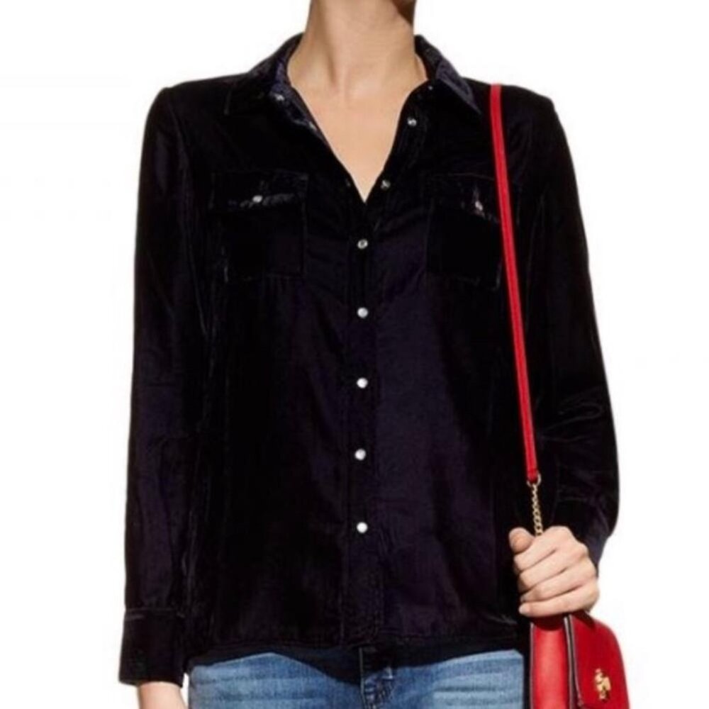 Maje Castin marine blue velvet Western snap-front shirt coastal cowgirl US Small